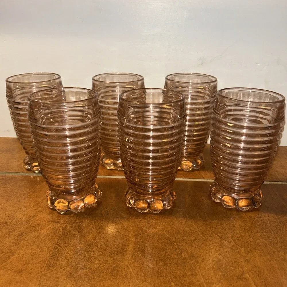 Anchor Hocking: MANHATTAN PINK 10oz FOOTED TUMBLER - Horizontal Rib Set Of 6
